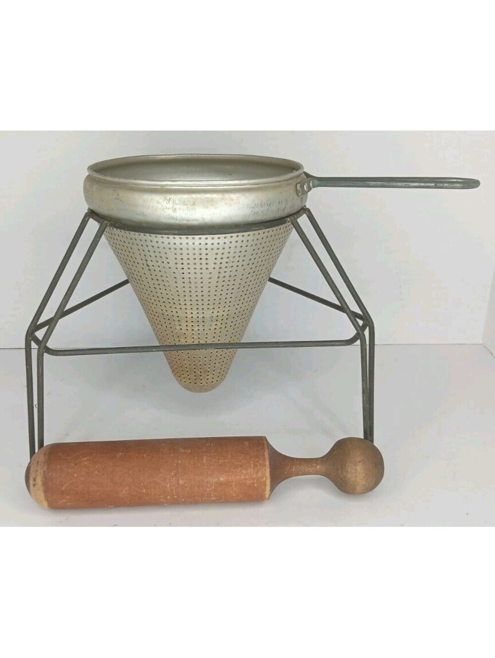 Vintage VIKO  Aluminum Cone Colander Sieve  w/Steel Rack and Pestle Canning